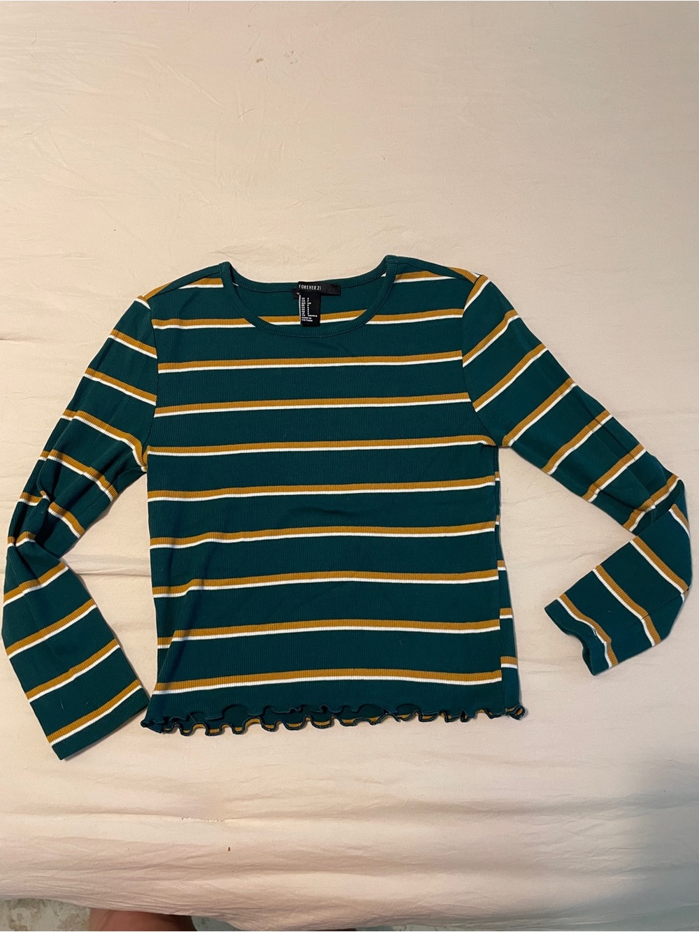 Forever 21 Green Striped Long-Sleeve Ribbed Top